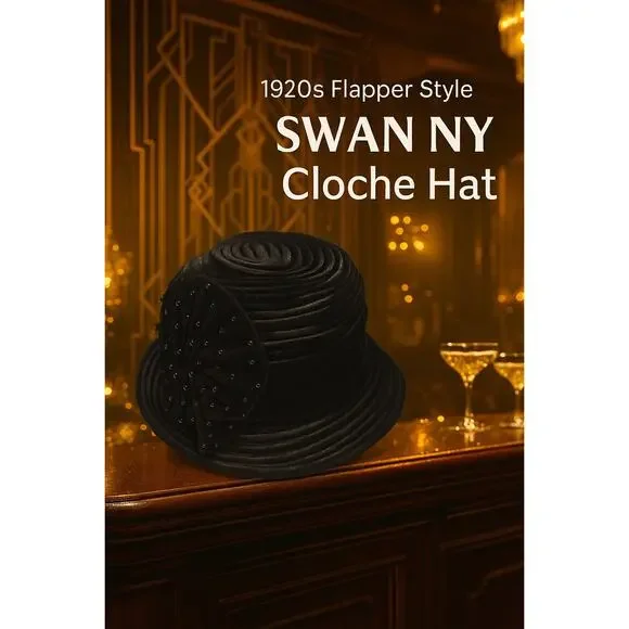 Swan Hat NY Black Velvet ClocheFlapper 1920s Gatsby Beaded Hat